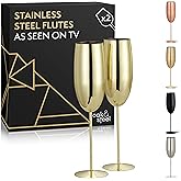 Oak & Steel - Set of 2 Gold Champagne Flutes (10 oz) Stainless Steel Stemmed Champagne Glasses for Mimosa, Prosecco, Toasting, Gift for Bride & Groom, Wedding, Christmas, Valentines, Anniversary