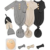 3 PK Baby Knotted Gowns Set with Mittens, Hats, Headbands & Wooden Name Tag for Breathable Newborns Going Home Outfit