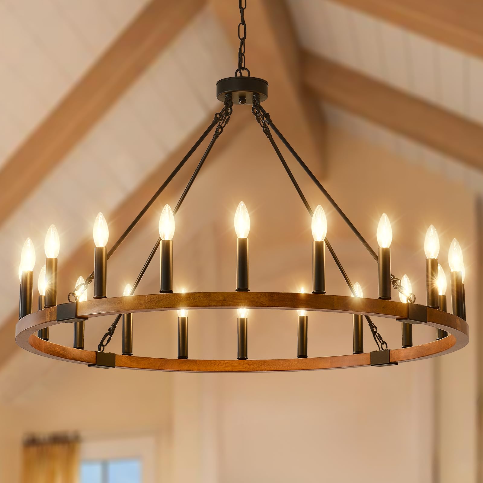 Photo 1 of VBKK Wood Wagon Wheel Chandeliers for Dining Room 20-Light, 40'' Modern Farmhouse Chandelier, Rustic Light Fixtures for Foyer Kitchen Island Living Room Entryway, E12