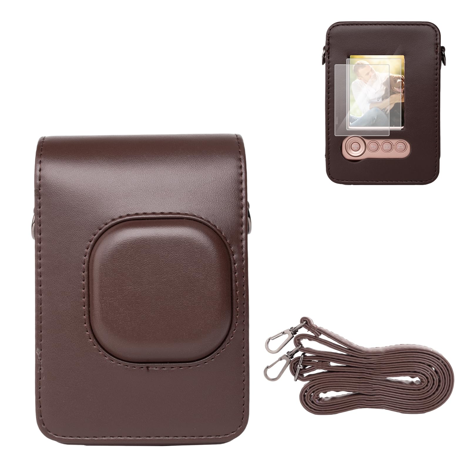 VOVMOEYA Protective Case for Instax Mini Liplay, PU Camera Case for Fuji instax mini liplay Hybrid Instant Camera with 2 LCD Tempered Films with Adjustable Neck Strap Quick Detachable-Deep Bronze