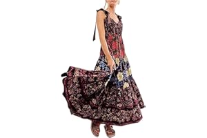 ESCBUKI Floral Dresses for Women 2024 Tie Shoulder Maxi Dress Boho Midi Dresses Wedding Guest Dresses for Women Summer