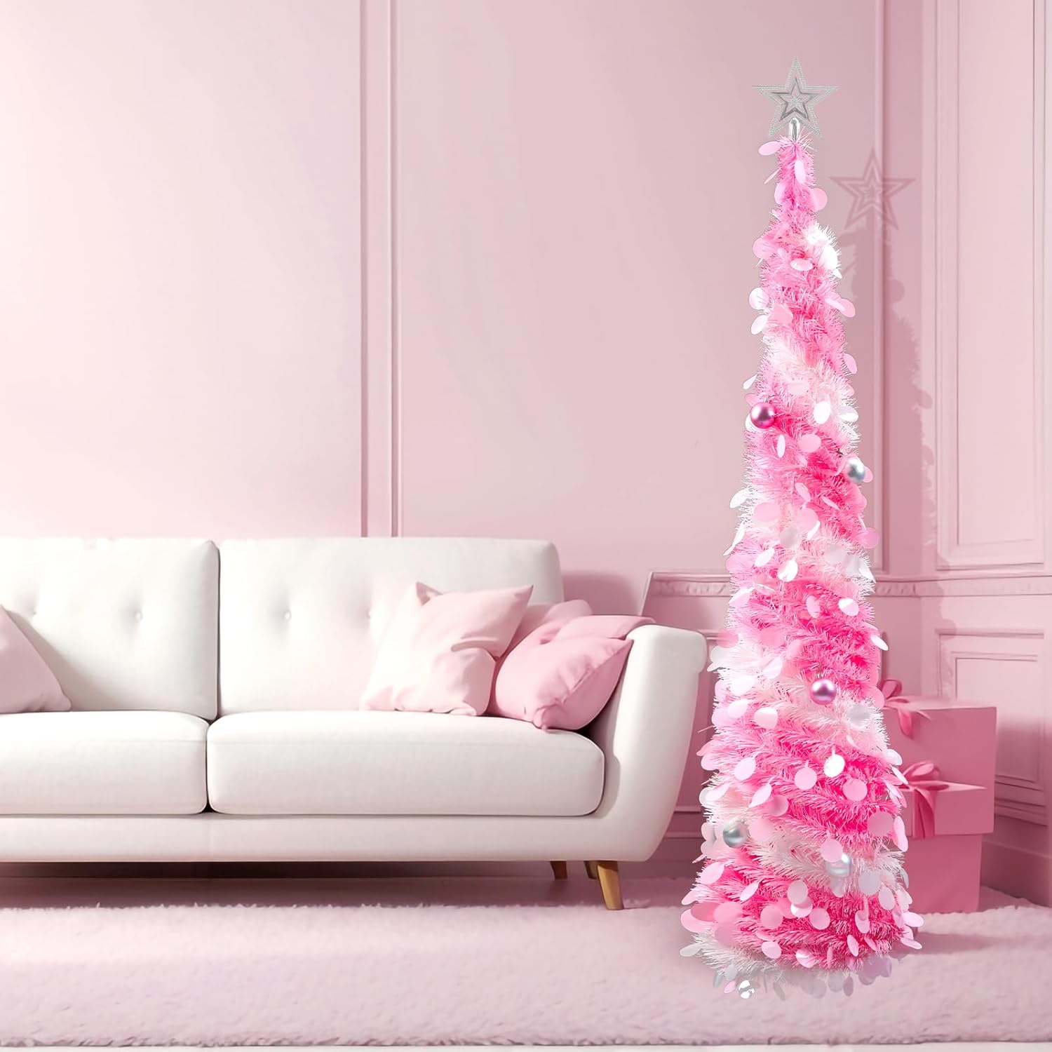 Tree Toppers - Joyyy Pop Up Christmas Tree, 5Ft Pink Collapsible Christmas Tinsel Pencil Tree with Tree Topper Ornemant Balls for Indoor, Party, Xmas, Home,Office Decor