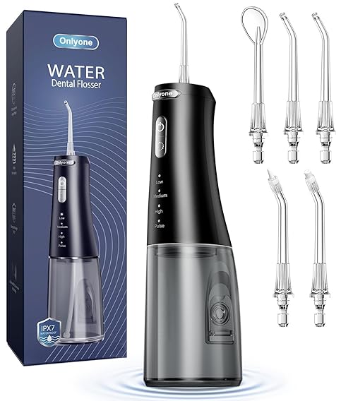 Onlyone Water Dental Flosser, 300ML Portable Oral Irrigator for Teeth, 4 Modes and 5 Jet Tips,Rechargeable Irrigation Cleaner,Electric Flossing Machine Power Flossers & Irrigator Accessories Black