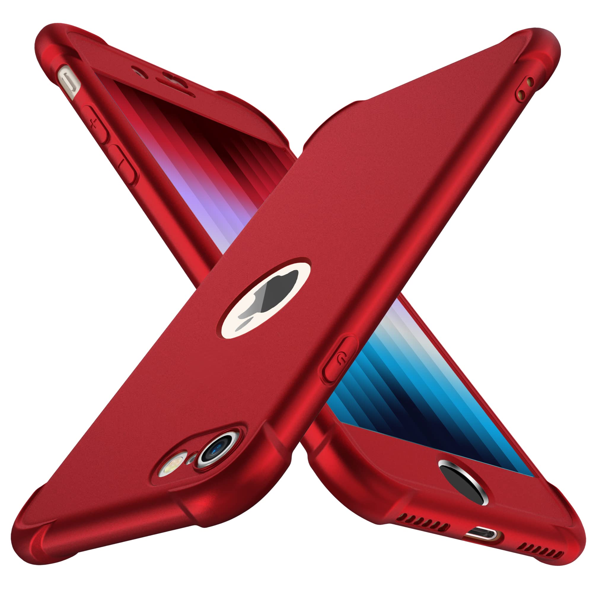 ORETECH Compatible with iPhone SE 2020 / SE 2022 case, and [2 Pack 9H Tempered Glass Screen Protector] 360 Shockproof Ultra Thin Anti Scratch Hard PC Silicone TPU Bumper Cover - Red