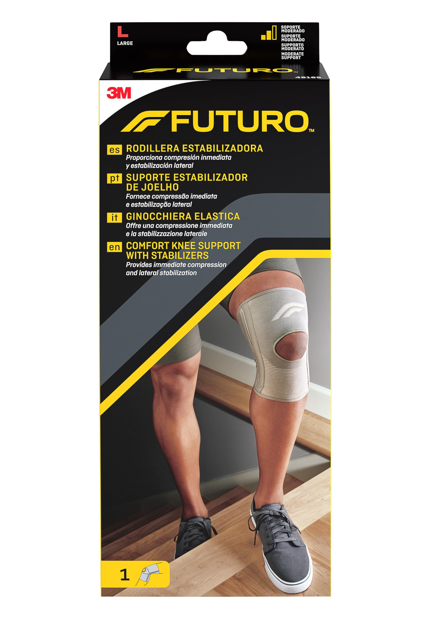 FUTURO Comfort Knee Support with Stabilizers, Large (43.2 - 49.5 cm) – Lateral Stabilization, Immediate Compression, Open Patella Design, Breathable, For Daily Wear and Exercise
