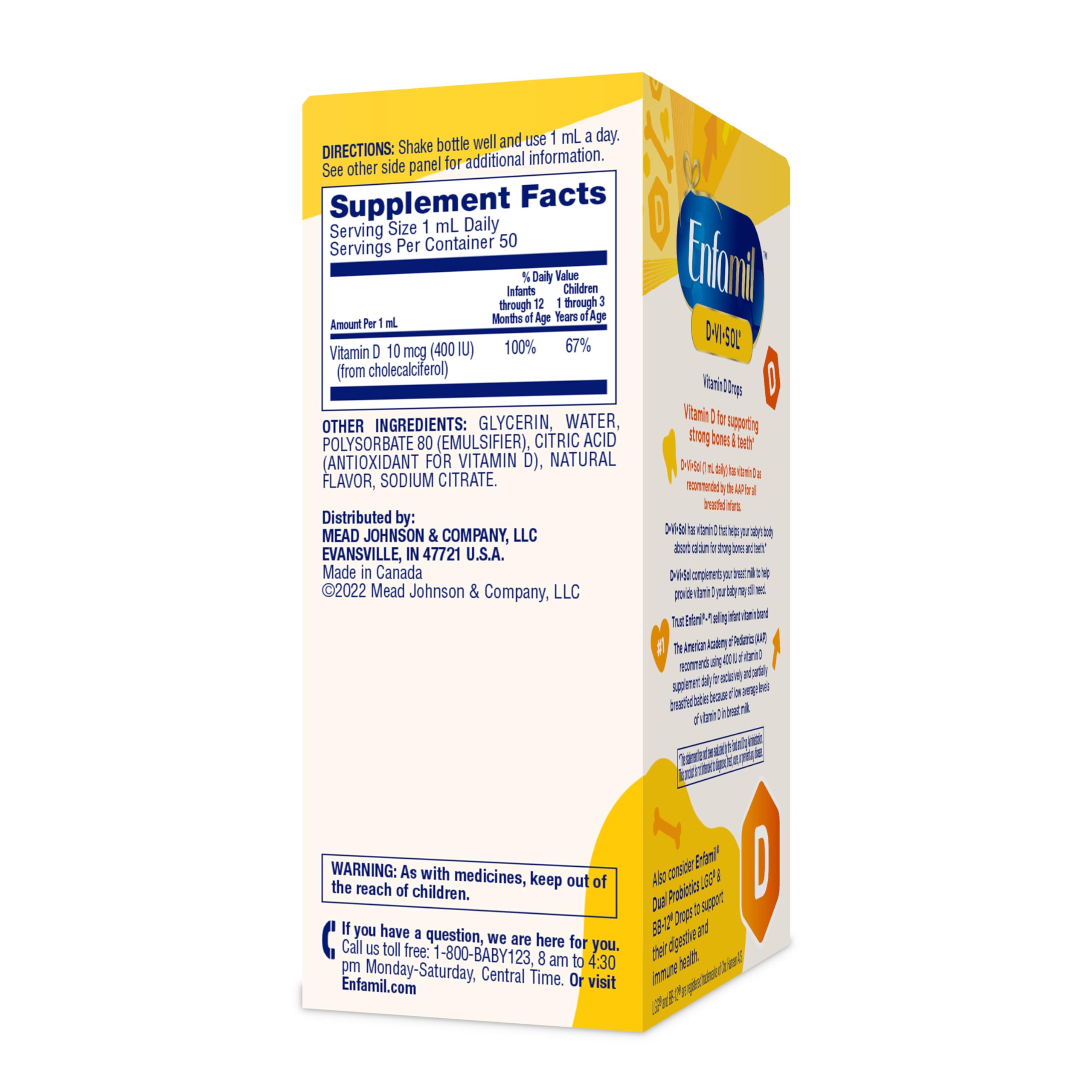 Enfamil Baby Vitamin D-Vi-Sol Liquid Supplement Drops for Infants, Supporting Strong Teeth & Bones in Newborn Babies, Easy-to-Use, Gluten-Free, 50 Day Supply, Dropper Bottle