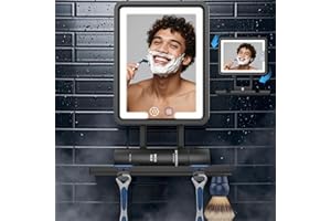 Shinowa Heated Shower Mirror Fogless for Shaving, 360° Adjustable Lighted Shower Mirror with 3 Color Modes, Rechargeable Anti Fog Shower Shaving Mirror with Large Storage Tray & Razor Holder, Black