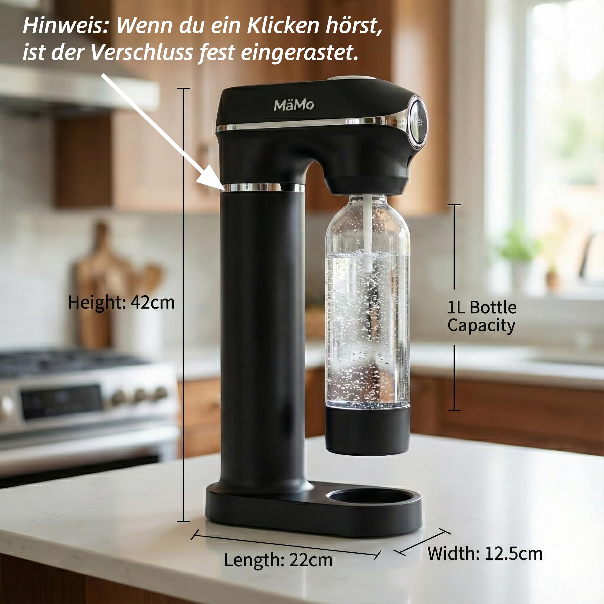 MäMo Wassersprudler Soda Maker mit Manometer - Carbonator für Sprudelwasser inkl. 1L und 0.5L BPA-freien PET-Flaschen - Automatische Druckregulierung, Ein-Knopf-Bedienung, ohne Strom, Schwarz 2