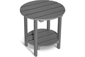 LOENIY 2 Tier Round Outdoor Side Table with Wood-Like Grain, 17.7" HDPE Adirondack Table, Weather Resistant Small End Table for Pool, Patio & Porch (Grey, Round)