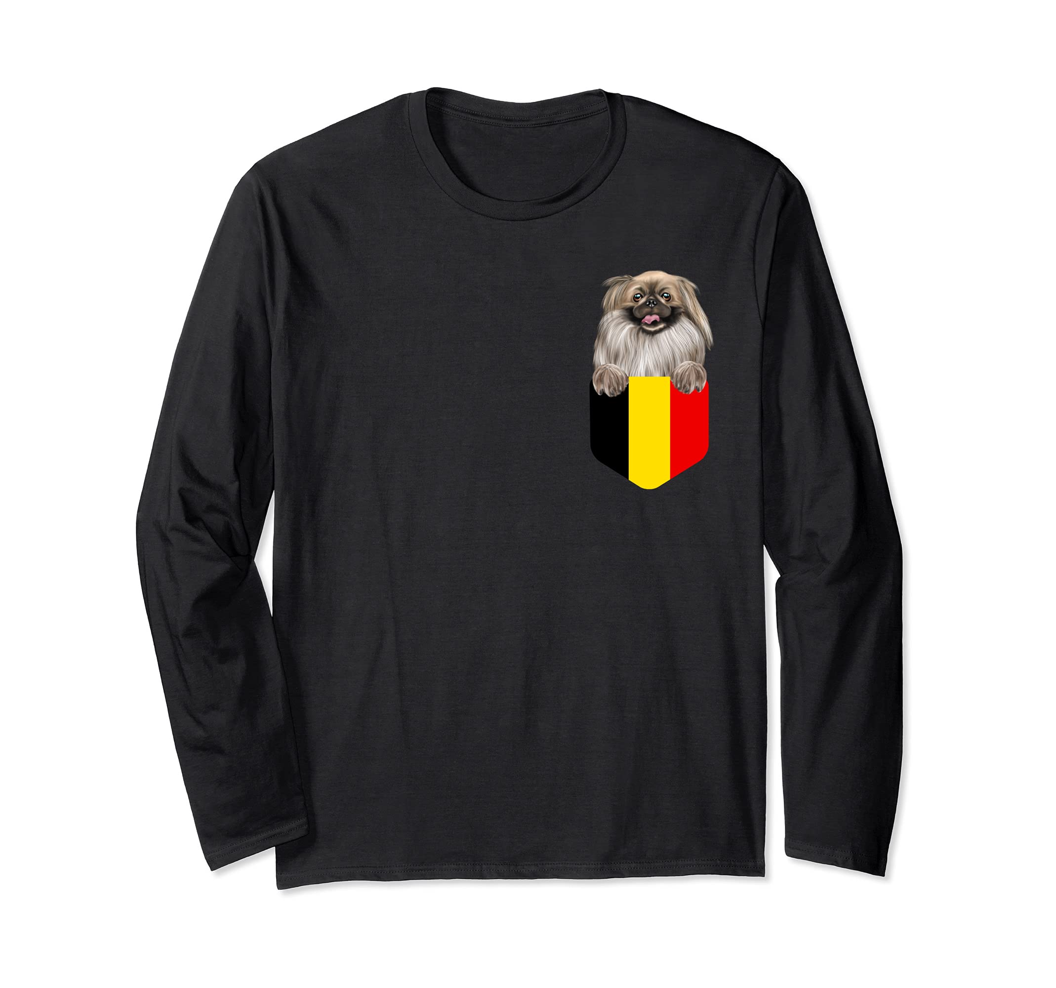 Belgium Flag Pekingese Dog In Pocket Long Sleeve T-Shirt