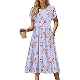 Zeagoo Women Summer Short Sleeve Midi Dress with Pockets Casual Aline Flowy Tshirt Dress Floral Vocation Beach Sundress