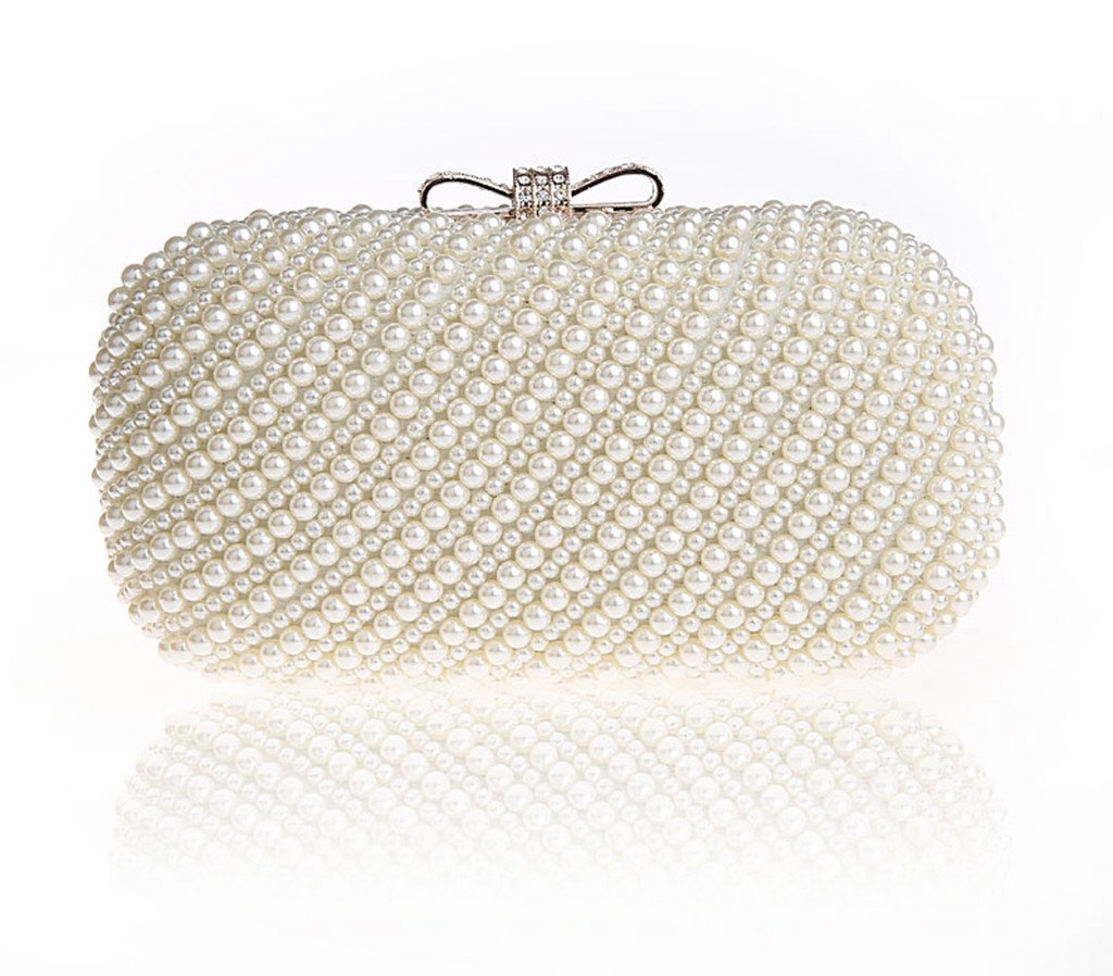 HONGCI Glitter Fashion Beaded Sequin Pearl Clutch Bag for Women - Vintage Beaded Evening Bag, Bridal Bag, Clutch Handbag for Wedding, Party, Prom (Off White)