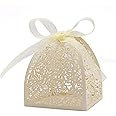 KPOSIYA Pack of 100 Laser Cut Rose Candy Boxes, Favor Boxes 2.5"x 2.5"x 3.1", Gift Boxes Bridal Shower Anniverary Birthday Party Wedding Favor (100,Beige)