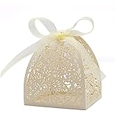 KPOSIYA Pack of 100 Laser Cut Rose Candy Boxes, Favor Boxes 2.5"x 2.5"x 3.1", Gift Boxes Bridal Shower Anniverary Birthday Party Wedding Favor (100,Beige)