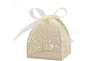 KPOSIYA Pack of 100 Laser Cut Rose Candy Boxes, Favor Boxes 2.5"x 2.5"x 3.1", Gift Boxes Bridal Shower Anniverary Birthday Party Wedding Favor (100,Beige)