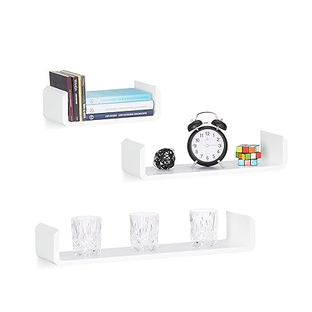 Relaxdays Regalbrett 3er Set, Hängeregal Wand, Wandboard Holz, Gewürzregal hängend, Wandregal, U-Form, MDF, weiß