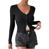 SHENHE Women's Ribbed Knit Button Down V Neck Lightweight Cropped Cardigan Sweater
