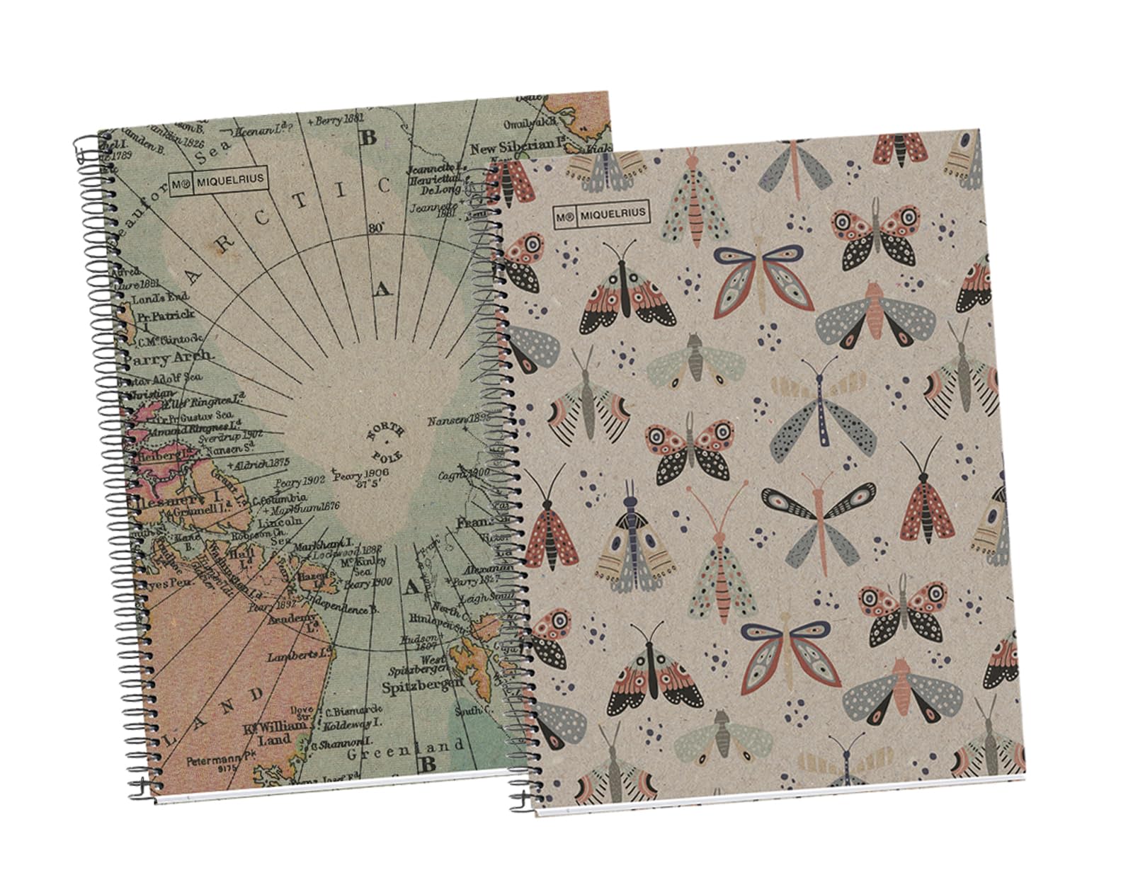 Miquelrius - Pack 2 Notebook, 100% Recycled, A4 size with 5mm grid, 80 sheets of 90 g/m² each, micro-perforated, 4 holes and 1 color stripe, Ecobutterfly and Ecomaps design
