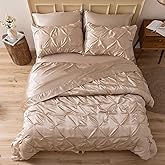 MR&HM Satin Comforter Queen 7 Pieces - Luxurious Pinch Pleat Bedding Set with Comforter, Flat Sheet, Fitted Sheet, Pillowcases & Shams, Super Silky Soft Bed Set for All Season (Queen, Champagne)