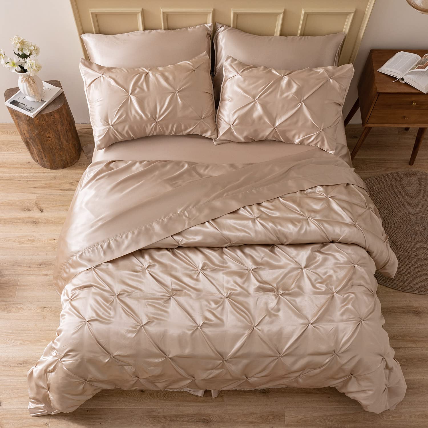 Photo 1 of MR&HM Satin Comforter Queen 7 Pieces - Luxurious Pinch Pleat Bedding Set with Comforter, Flat Sheet, Fitted Sheet, Pillowcases & Shams, Super Silky Soft Bed Set for All Season (Queen, Champagne)