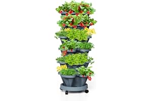 Tectsia Strawberry Stackable Planters, Vertical Tower Garden, 6 Tiered Stacking Herb Vegetable Planters with Movable Casters and Bottom Saucer Indoor and Outdoor - Dark Grey