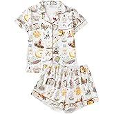 WDIRARA Women's Cute Cartoon Print 2 Piece Pajama Set Button Down Sleepwear Shorts Pjs Sets