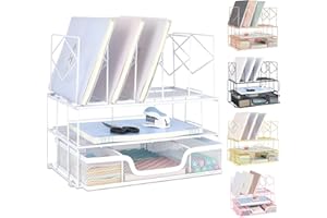 Becomrock Desk Organizers and Accessories, Office Supplies Desktop Organizer, Desk File Organizer with Sliding Drawer, Dual Tray and 5 Upright Section, File Folder Holder for Desk (White)