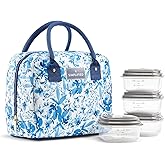 Fit & Fresh Lunch Bag For Women, Insulated Womens Lunch Bag For Work, Leakproof & Stain-Resistant Large Lunch Box For Women With Containers, Zipper Closure Bloomington Bag Blue Floral