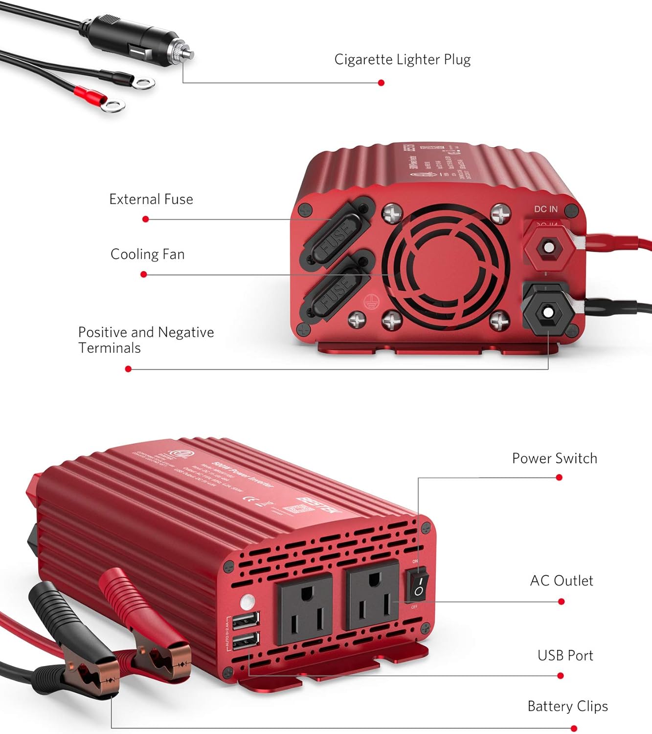 BESTEK 500W Power Inverter DC 12V to 110V AC Converter with Alligator Battery Clamp 4.8A Dual USB Car Charger ETL Listed: Electronics