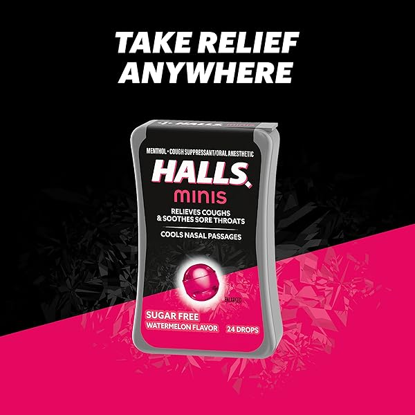 HALLS MINIS WATERMELON FLAVOR SUGAR FREE COUGH DROPS, 8 PACKS OF 24 DROPS (192 DROPS TOTAL)
