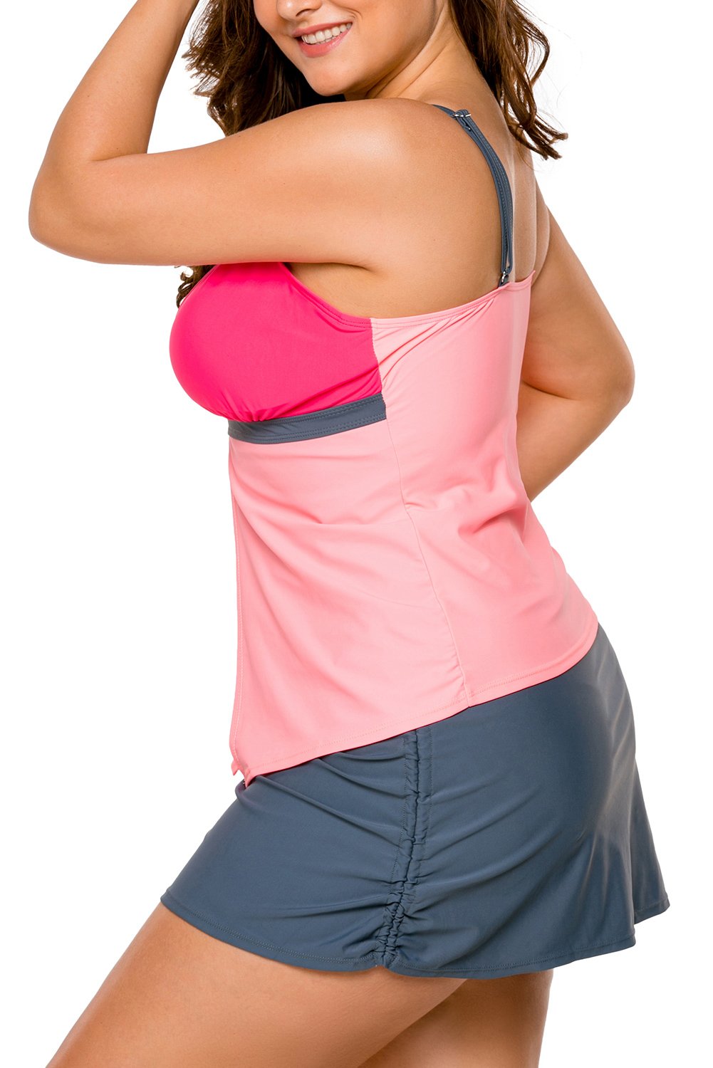 JE Womens Summer Colorblock Tankini Top and Bottom Set Swimsuit ((US 20-22)XXXL, Orange Pink)