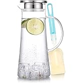 SUSTEAS 1.5 Liter 51oz Glass Pitcher with Lid, Easy Clean Heat Resistant Glass Water Carafe with Handle for Hot/Cold Beverages - Water, Cold Brew, Iced Tea & Juice, With 1 Long-Handled Brush Included