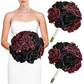 DIYDOFUN Wedding Bridesmaid Bouquets, Artificial Silk Flowers Arrangement for Ceremony Marriage Proposal Party Anniversary Decorations (Burgundy & Black, Set of 2 Bouquets)