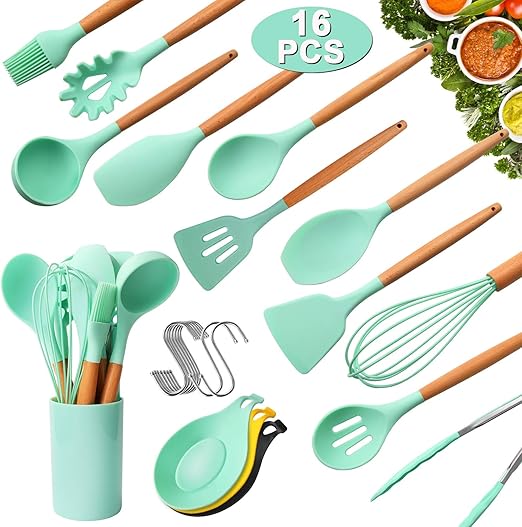 Amazon Com 16 Pcs Silicone Kitchen Utensils Set Wooden Handles