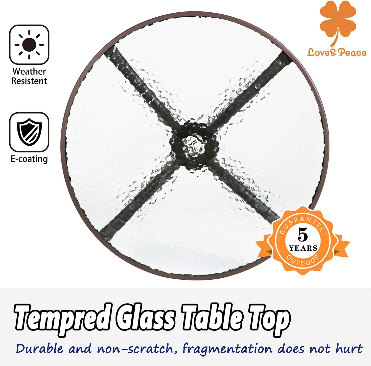 Love & Peace 24" x 24" Outdoor Bistro Table Metal Round Patio Side Table Outdoor Coffee Table Furniture Garden Backyard Dining Table, W/Elegant Water Ripple Glass Table Top, Brown: Kitchen & Dining