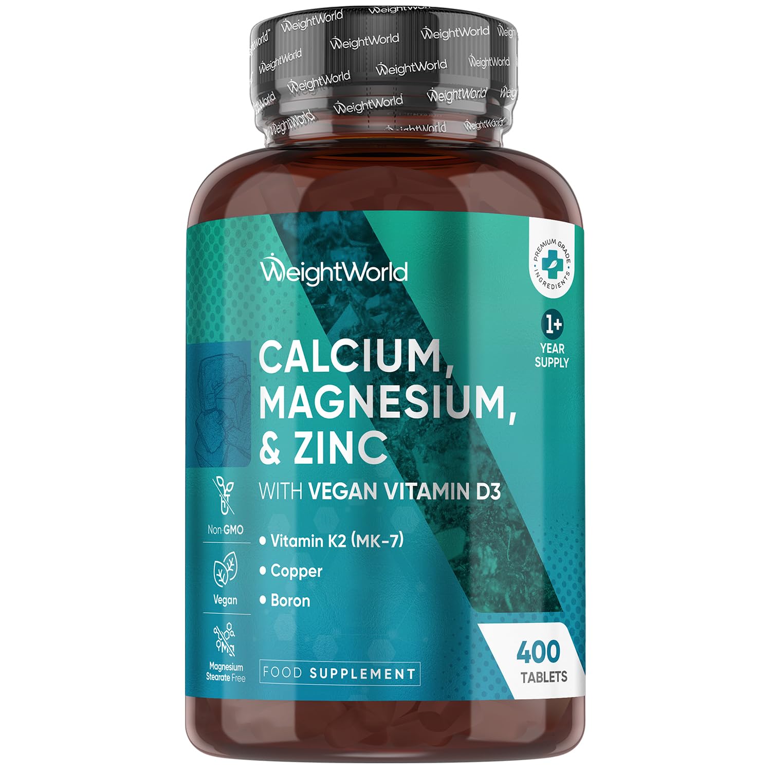 WeightWorld Calcium, Magnesium, Zinc and Vitamin D Supplement | 1+ Year Supply | 400 Vegan Tablets | Calcium Tablets with Vitamin K2, Vitamin D, Copper & Selenium | Magnesium Stearate-Free