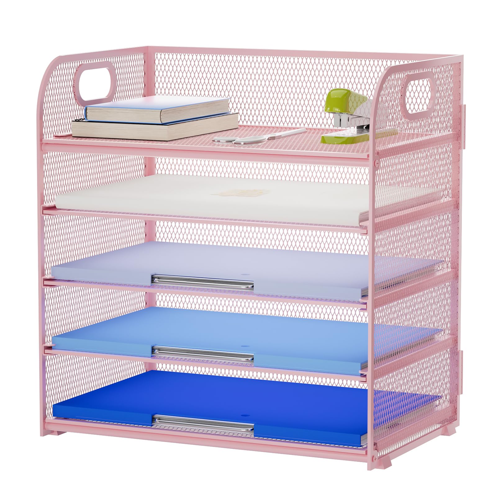 Photo 1 of Marbrasse Paper Organizer Letter Tray, 5 Tier Mesh File Organizer with Handle, Paper Sorter Desk Organizer for Home Office Supplies - Pink