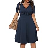 POSESHE Womens Plus Size Dresses Summer Short Sleeve Wrap V-Neck Sundress Casual Wedding Guest Cocktail Dress with Pockets