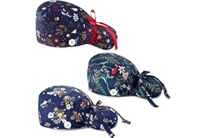 3PCS Scrub Caps Women,Nurse Surgical Hat with Buttons and Sweatband,Ponytail Bouffant Elastic Working Cap Adjustable Pouch Ti