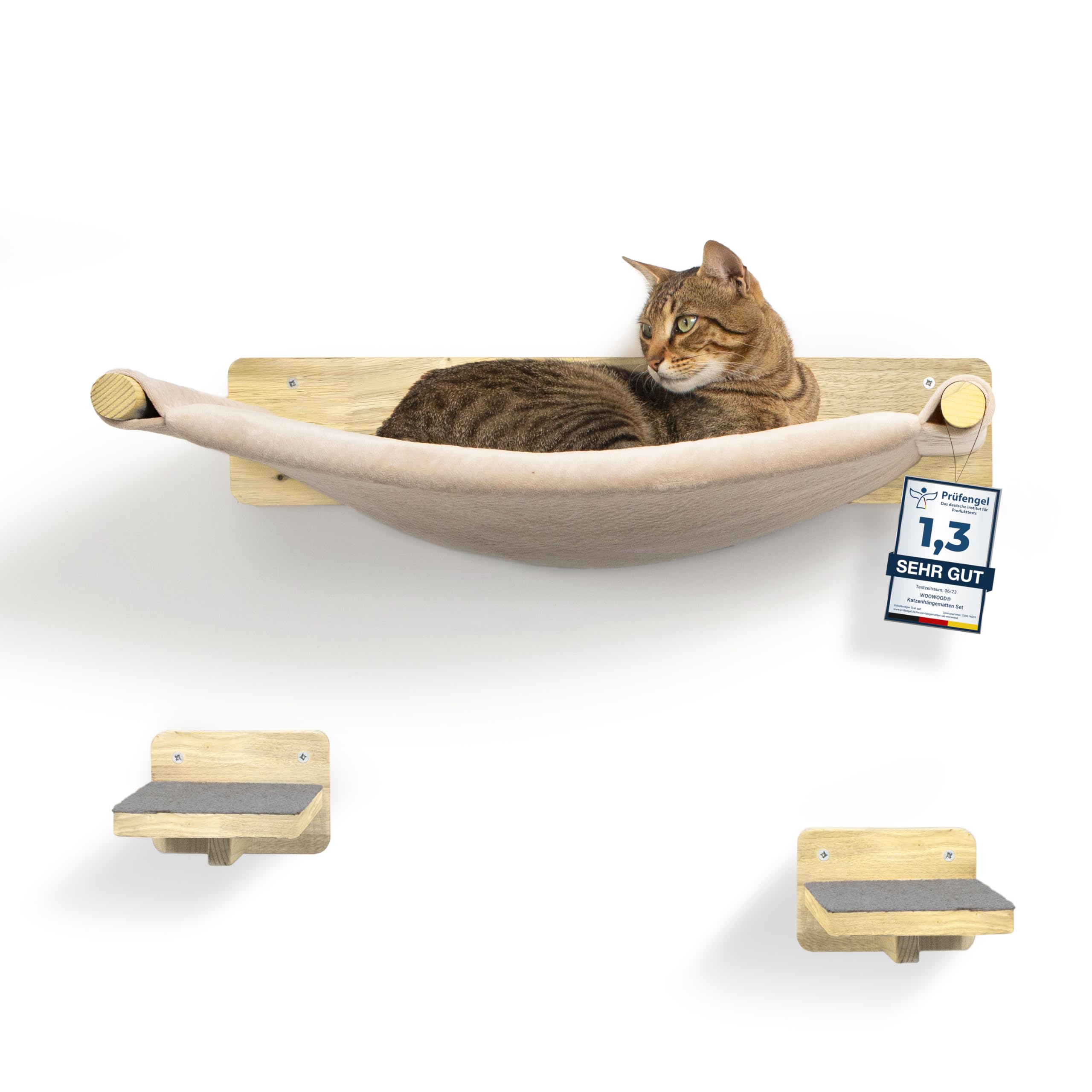WOOWOOD® Kletterwand Katzen Hängematte inkl. 2X Katzentreppe Wand [Vollholz] - Kratzbaum Wand - Hängematte Katze - Wandkratzbaum - Katzenmöbel - Katzenwand - Katzen Kletterwand Set