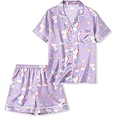 LANKMEI Girls Pajamas 2 Pieces Silky Satin Pajamas Set Short Sleeve & Pants Sleepwear Loungewear Button Down Pjs Set for Girls, Purple Unicorn