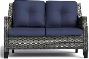 Joyside Outdoor Patio Wicker Loveseat Sofa - 2-Seater Rattan Sofa for Outside Patio Garden with Deep Seating and Olefin Cushions(Mixed Grey/Dark Blue)