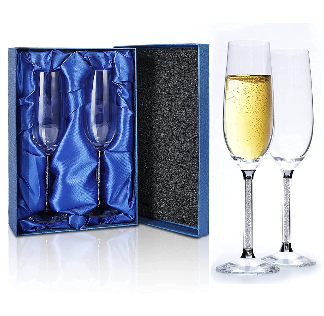 WOMEI Pretty Crystal Champagne Flutes Gift Set,Flashy Stems Filled with Rhinestone,Champagne Classes Set of 2-220ml