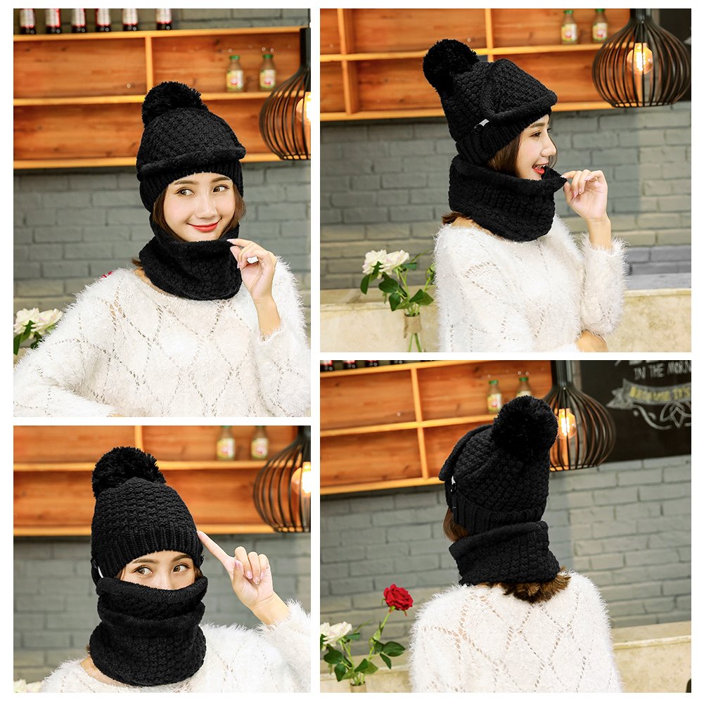 Vbiger Women Warm Hat Scarf Set Thickened Knit Hat and Scarf Winter Beanie and Scarf with Mask, Thick Plush Lining Design, Set of 3 (Black)