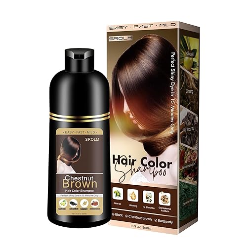 SROLM All-in-1 Hair Dye Shampoo for Women & Men - Natural Black Hair Color to Cover Gray Hair, Herbal Formula with Ginseng & He Shou Wu, Gentle Gray Coverage (Chestnut Brown)