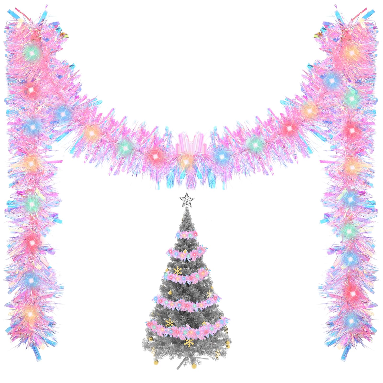 Photo 1 of Kingdder 16.4 ft Christmas Tinsel Garland Lighted Metallic Twist Tree Decoration Prelit Battery Operated 50 LED Hanging Garland for Xmas New Year Home Outdoor Decor(Multicolor, Pink)