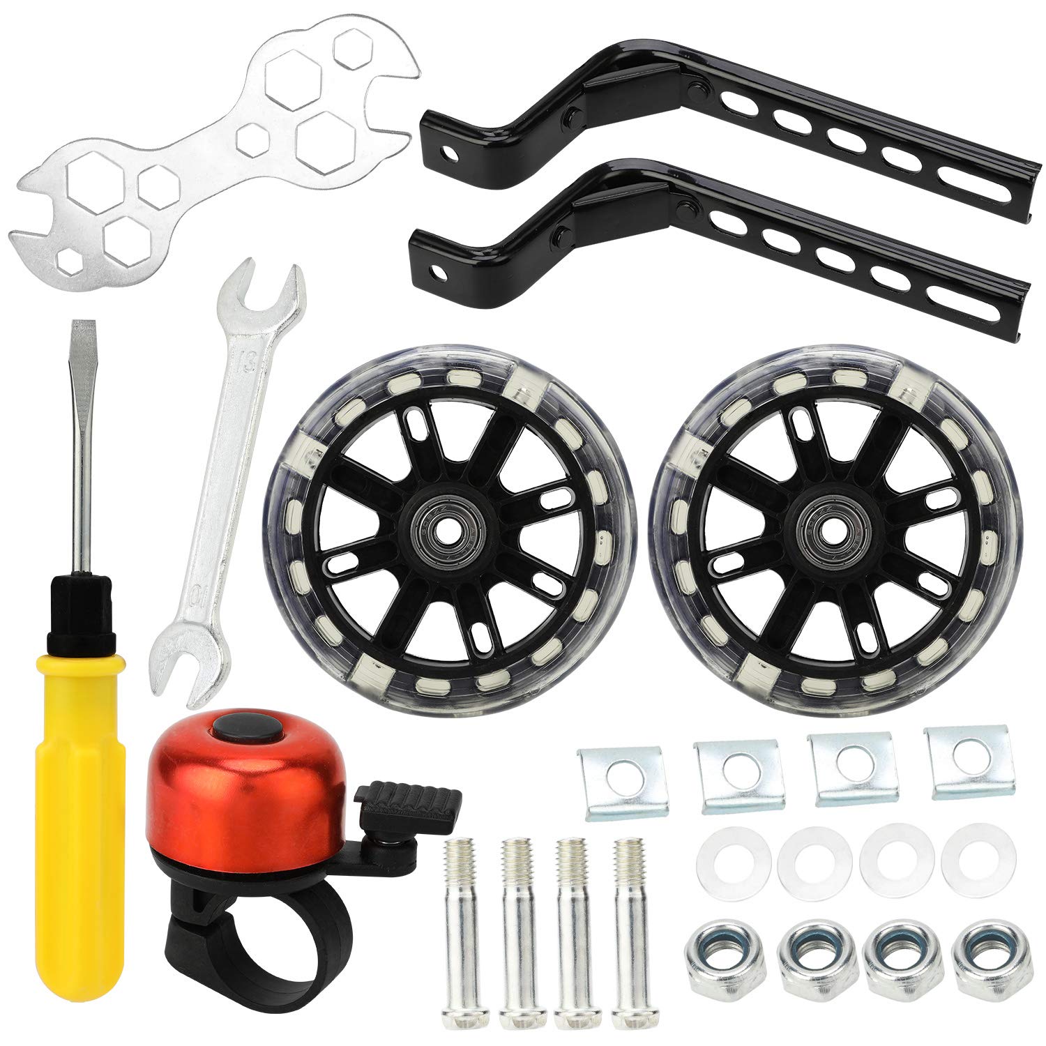 Bicycle Training Flash Wheels, Children's Bike Stabilizers Support Wheels Bike Steel Frame for 12 14 16 18 20 Inch Kids Riding Safety Equipment (1 Pair, Black)