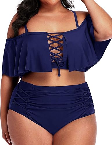 Daci Women Plus Size High Wsited Bikini Off Shoulder Lace Up Tummy Control Two Piece Swimsuits