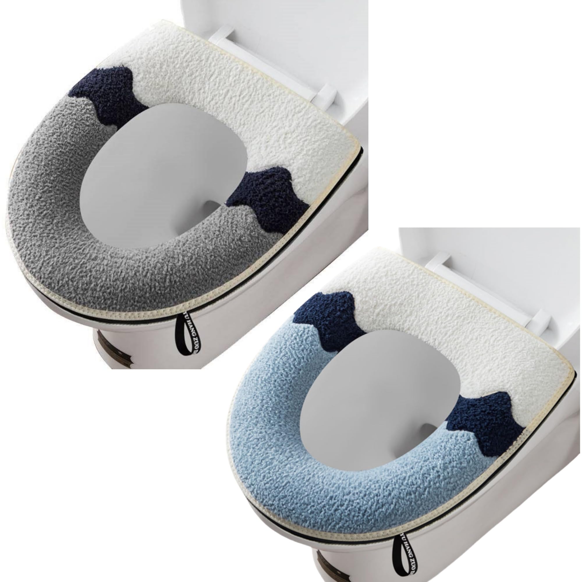 Set of 2 thicker and softer toilet seat covers with handle - Washable - Compatible with all oval toilet seats (grey + blue)