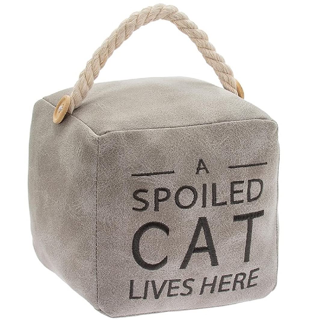 Grey Faux Leather Square - A Spoiled Cat Lives Here - Doorstop